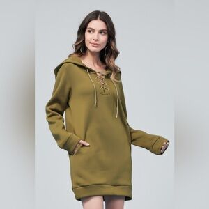 NEW•XL-2X•Soul Sunrise Olive Lace Up Hooded Sweatshirt Dress